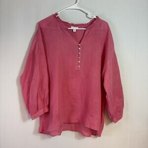 J. Jill Pink Puff Sleeve Linen Henley Blouse Relaxed Fit Size Medium S0373